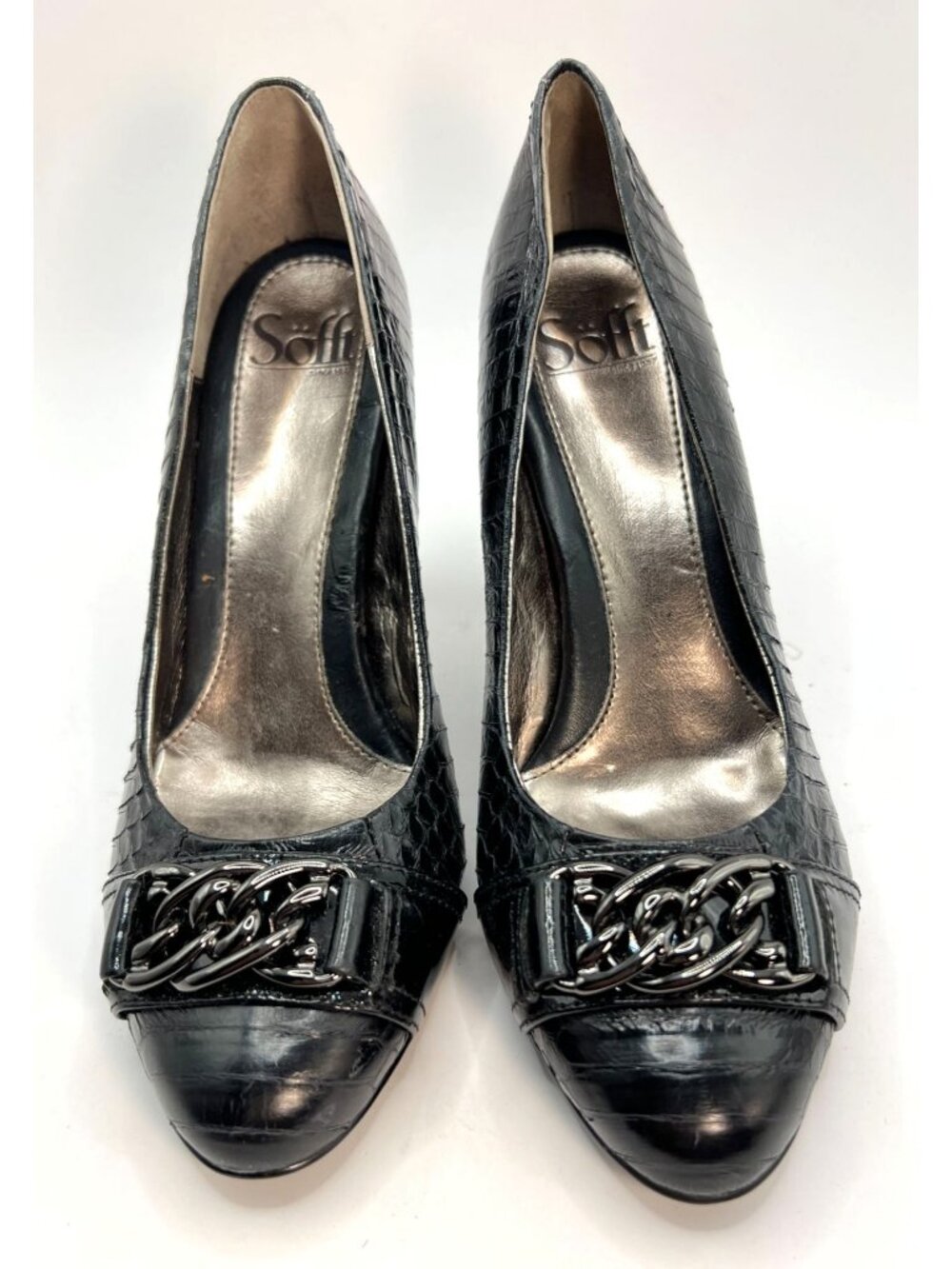 Sofft Black Leather Snakeskin Pumps With Buckle Accent Womens Heels Size 7.5